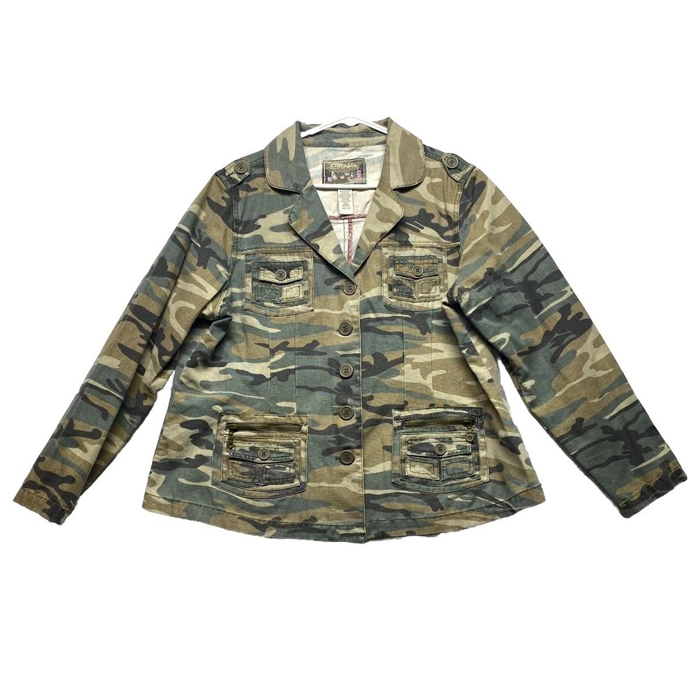 Star Jeans Jacket Womens 2X Green Camouflage Cotton Utility Notch Lapel Military